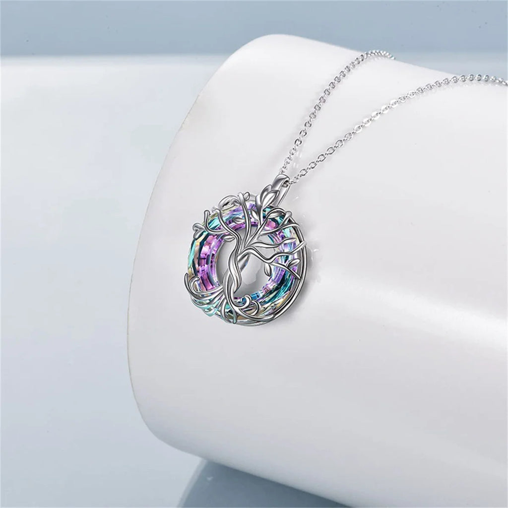Tree of Life Necklace with Circle Crystal Exquisite Family Tree Pendant Design Jewelry Gift for Women Mom Daughter