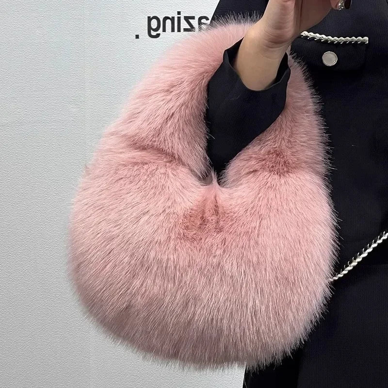 Winter Casual Furry Shoulder Bags for Women Solid Color Soft Plush Ladies Clutch Purse Handbags Lightweight Female Hobos Bag