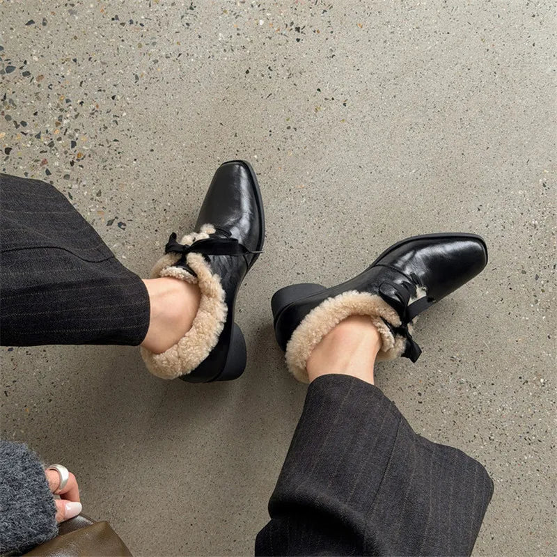 2026 New Autumn Winter Split Leather Women Shoes Fashion Retro Square Toe Shoes for Women Handmade Mid Heels Warm Women Pumps