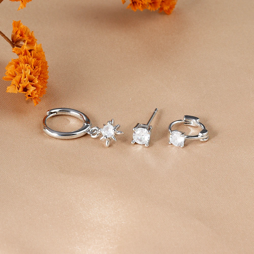 3PCS Gold Color Star Earrings Set for Women Zircon Pendant Stainless Steel Hoop Earring Trend Wedding Jewelry pendientes mujer