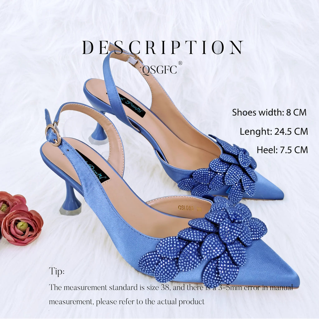 New Sky Blue Satin Handmade Flowers Shoes And Bag African Women's Banquet Pointed Toe Heels Matching Shoes And Bag Wedding Party