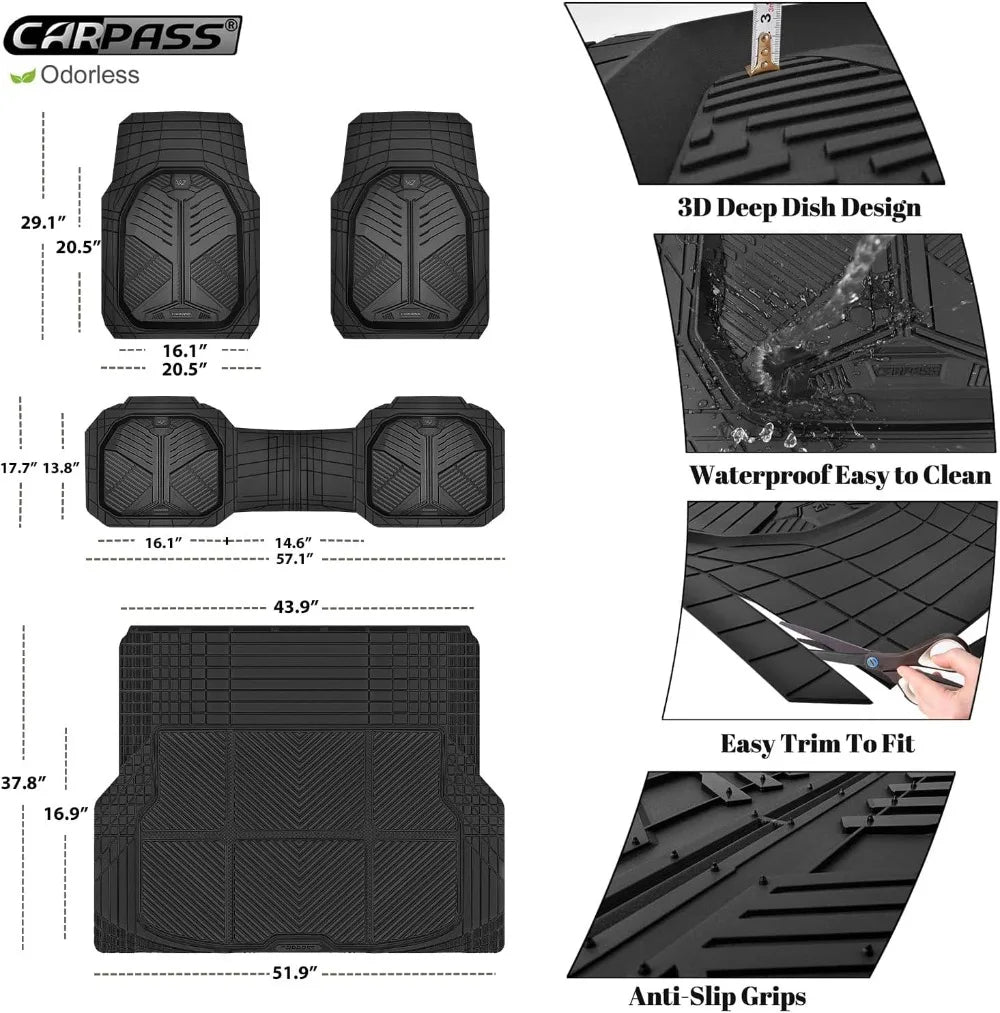Heavy Duty Rubber Car Mats with Cargo Liner, Deep-Dish Floor Mats and Trunk Mat All Weather, Universal Trim-to-Fit for SUVs Trucks Sedans, Waterproof Anti-Slip, Trimmable
