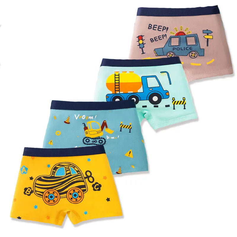 4-Piece Breathable Boy Boxer Brief High Quality Cotton Children Boxers Truck Car Dinosaur Colorful Patterns Kids Trunk Underwear
