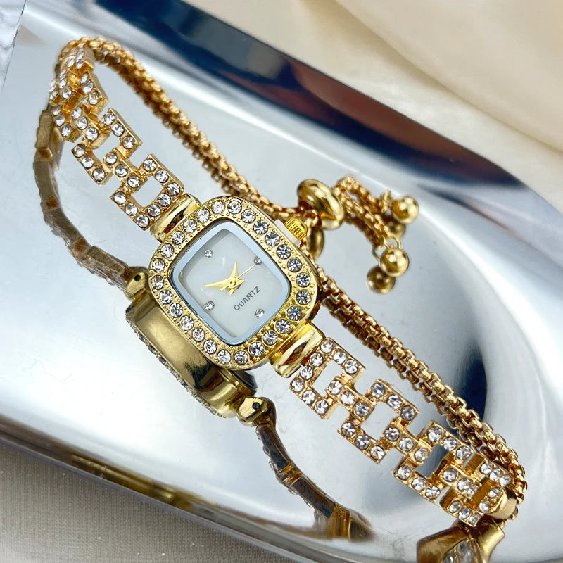 Cross-Border New Small Square Bracelet Pull Women's Watch Free Adjustment Square Chain Diamond Set Small Ladies Quartz Watch