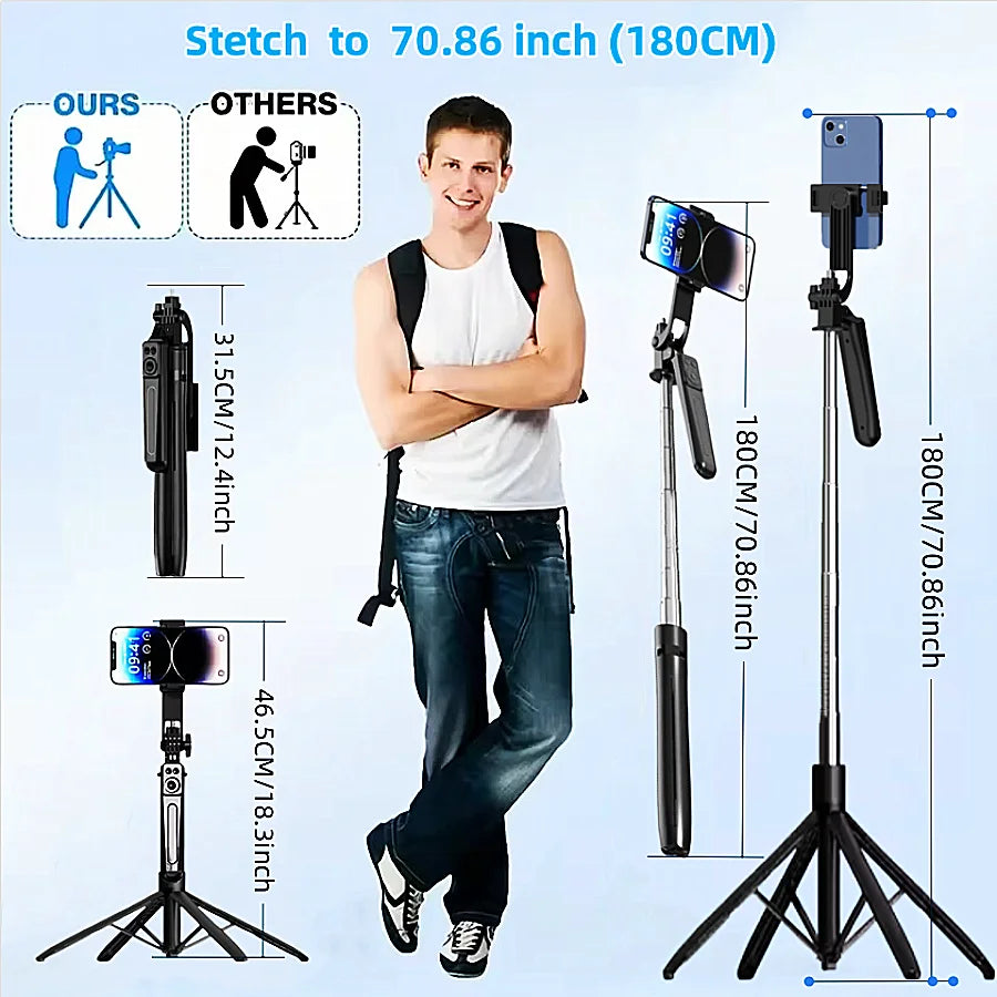 1.8m Selfie Stick Extendable Wireless Bluetooth Remote Portable Smartphone Tripod Stand Mount For iOS Android Phone