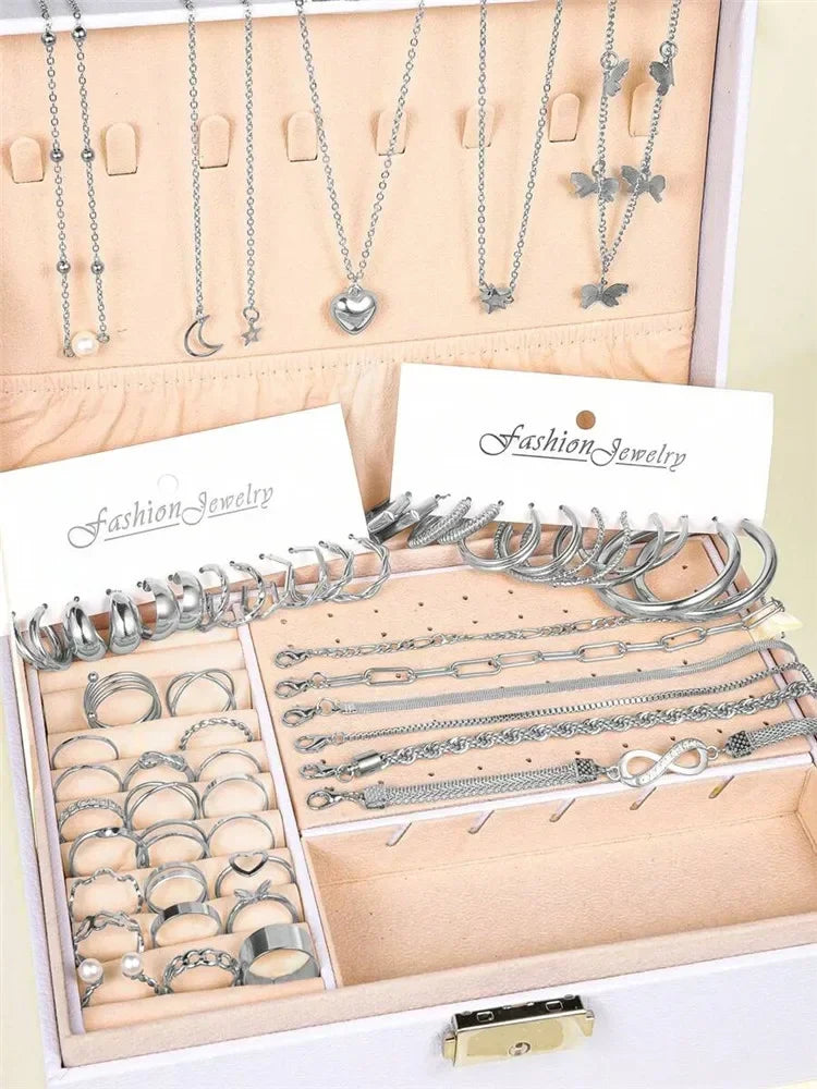 New 57 Pcs/Set Fashion Jewelry Sets For Women Metal Wide Face Earrings Necklaces Bracelets Ankles Rings Combinations Set Jewelry