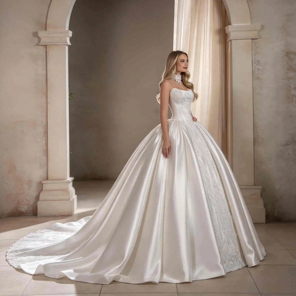 Customized Wedding Dress Sweetheart Neck Long Sleeve Lace Ball Gown Bridal Gown Floral Lace Appliques Chapel Train Wedding Dress