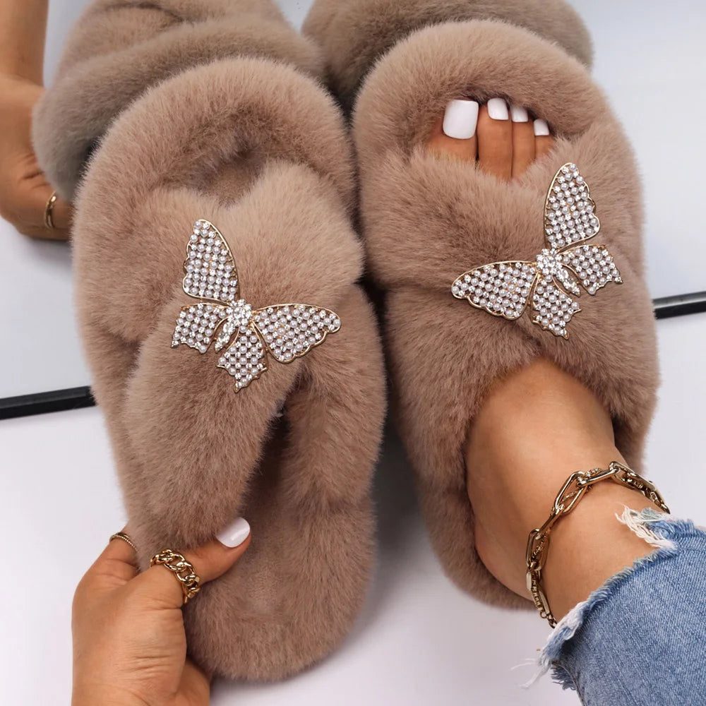 Women Furry Fur Slippers Soft Faux Fur Slides Ladies Plush House Slippers Cross Strap Open Toe Flat Sandals Fluffy Warm Shoes