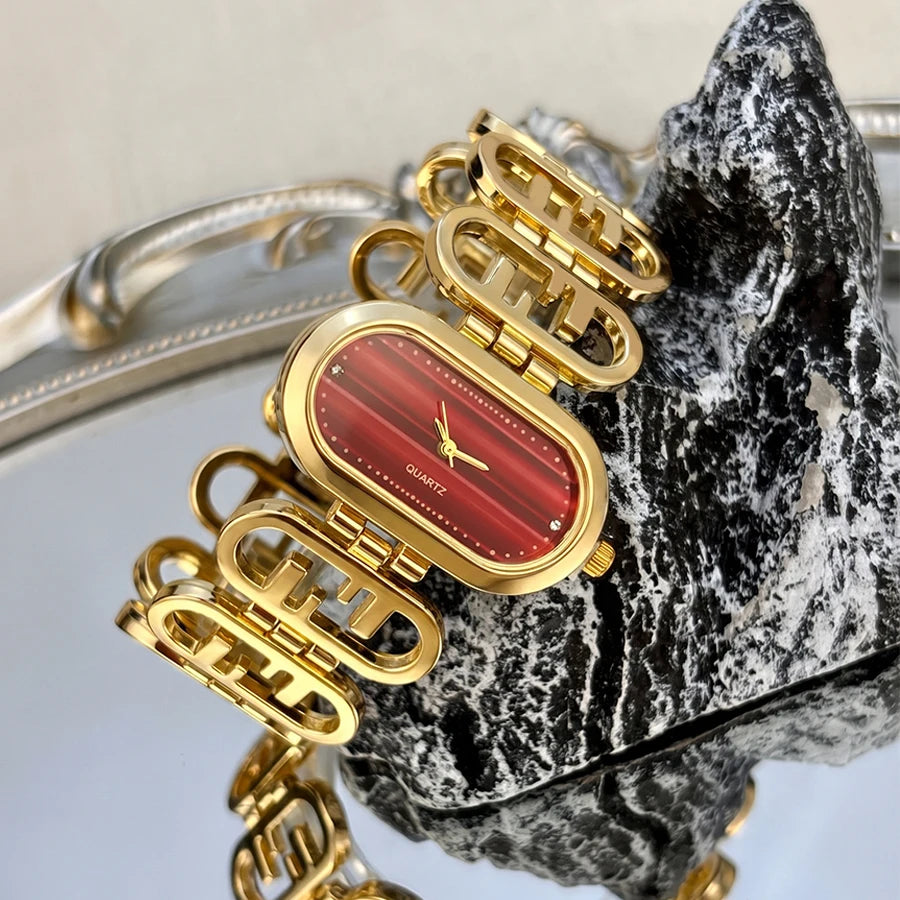 Designer Flat Oval Dial Double-F Chain Bracelet Fashion Watch for Women