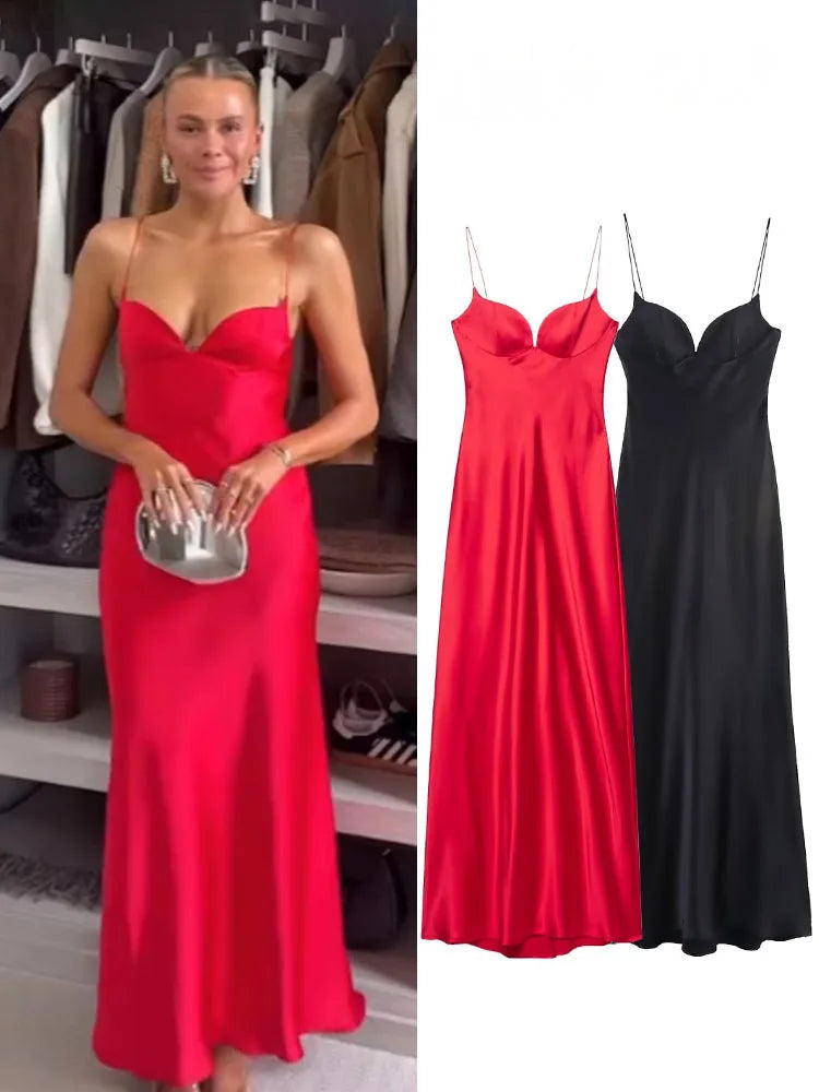 HH 2025 Women Red V-Neck Holiday Style Satin Texture Long Dress Sleeveless Summer Women's Back Zipper Fashion Sling Dresses