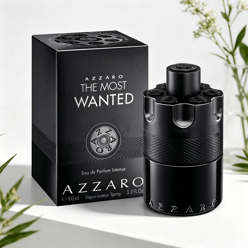 Azzaro The Most Wanted EDP Intense 100ML Perfume For Men Deep Intense Spicy Tobacco Vanilla Woody Aroma Long Lasting Matte Black Bullet Embossed Cylindrical Bottle Complete Black Woven Pattern Box Dating Night Party Present