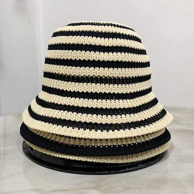 Striped Hollow Women Bucket Hat Spring Summer Outdoor Sunscreen Weave Breathable Fisherman Cap Fahsion Versatile Travel Panama