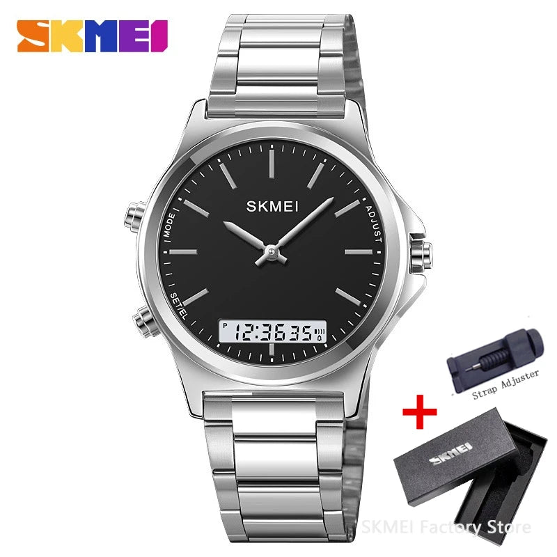 SKMEI 2120 Digital Quartz Watch for Men Waterproof Sport Dual Display Stainless Steel Mens Wristwatches Alarm Clock Reloj Hombre