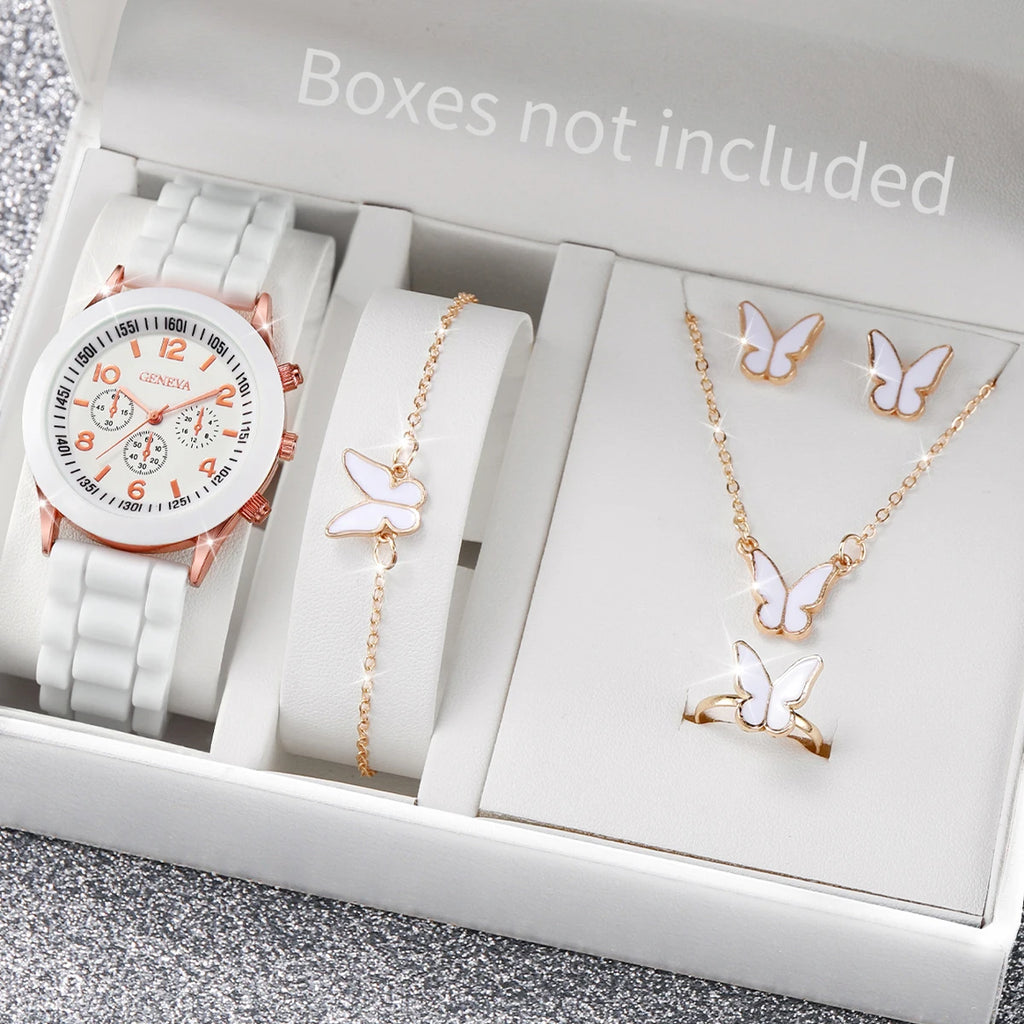 6PCS/Set Women's Watch Casual Silicone Band Quartz Watches Butterfly Jewelry Set(Without Box)