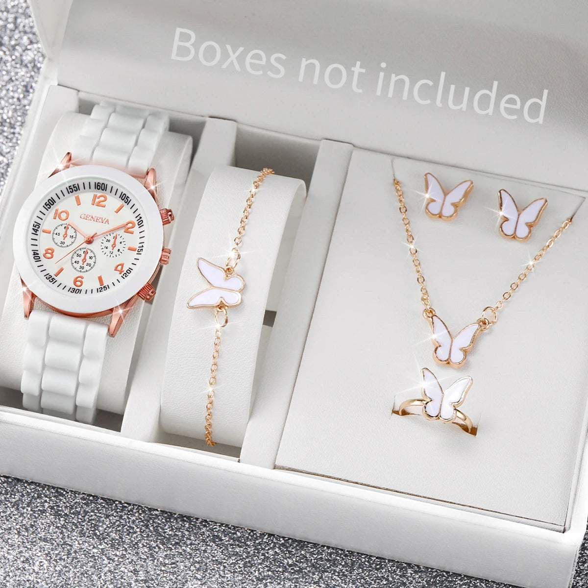 6PCS/Set Women's Watch Casual Silicone Band Quartz Watches Butterfly Jewelry Set(Without Box)