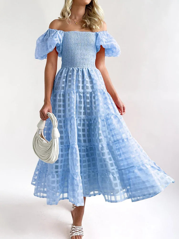 Fashion Party Maxi Dresses Women Holiday 2023 New Solid plaid Pleated A-line Dress Summer Women SHort Puff Sleeve Dress Elegant