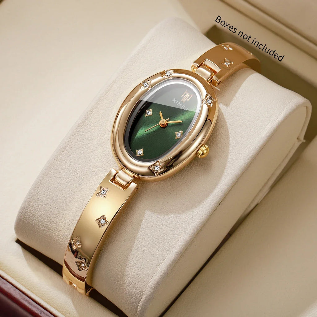 XIMILI Ladies Wristwatch Gold Bangle Band Oval Dial Star Rhinestone Quartz Women Dress Watch