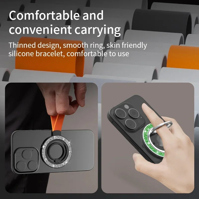 Universal Double-sided Magnetic Holder for Magsafe Mobile Phone Stand in Car Grip Finger Ring Bracket with Hand Strap for iPhone