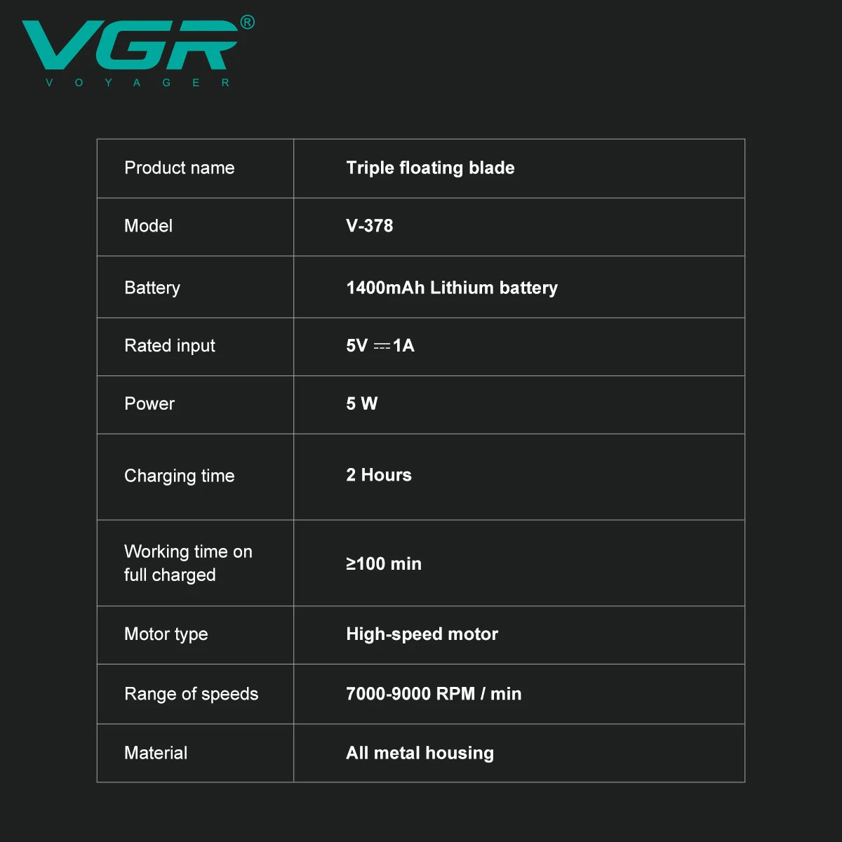 VGR Shaver Professional Shaving Machine Electric Razor Portable Beard Trimmer 9000 RPM Reciprocating LED Shaver for Men V-378
