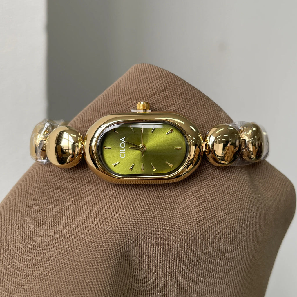 CILOA Women Oval Quartz Watch Green Dial Golden Bead Metal Bracelet Elegant Casual Wrist Watch-767