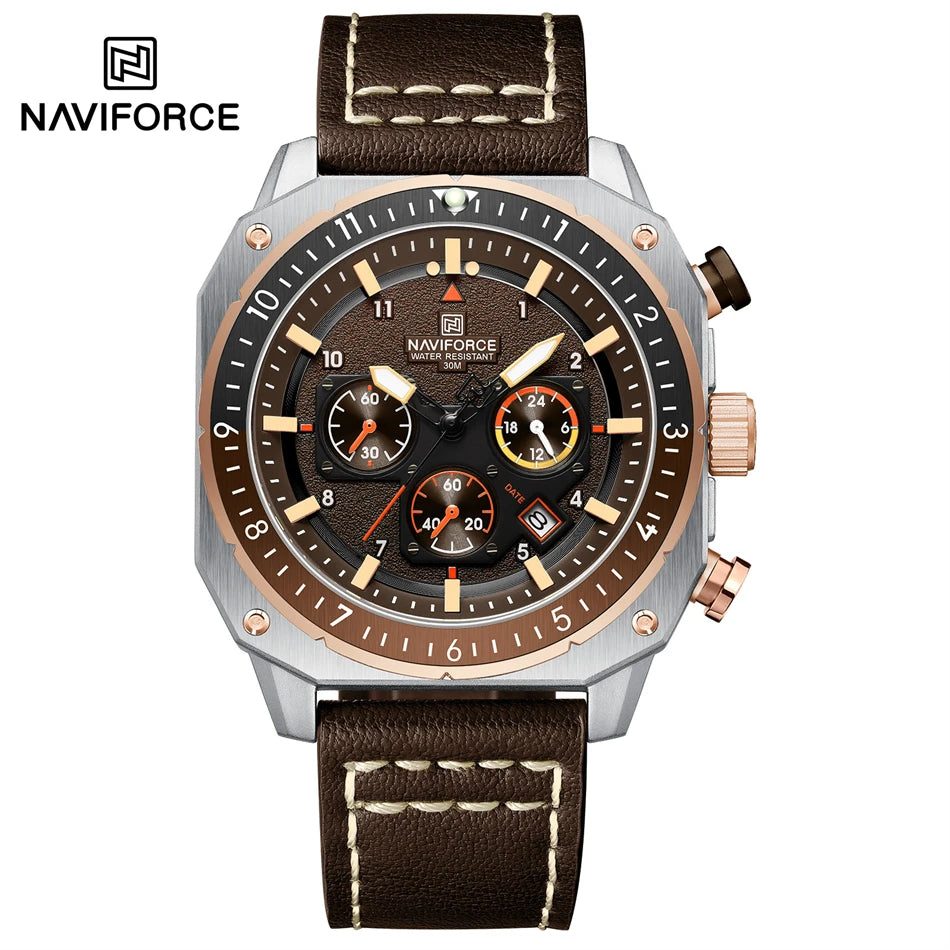 NAVIFORCE Sports Multifunction Waterproof Watches for Men Fashion Leather Luxury Brand Quartz Analog Luminous Square Wrist Watch