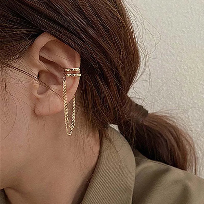 Silver Color Crystal Tassel Non-Piercing Cuff Ear Clip Earring For Women Shiny Rhinestone Chain Fake Cartilage Piercing Jewelry