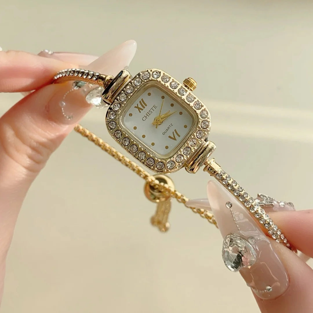 Rose Gold Silver Petite Bracelet Watch for Women, Gifts for Girlfriend Diamond Dress Analog square Watch