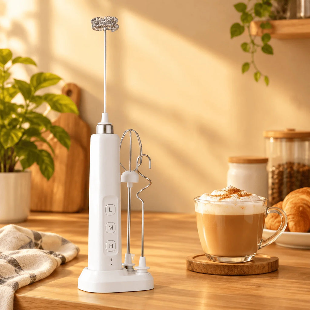 Mini USB Rechargeable Electric Frother Handheld Mixer 3 Speed Milk Whisk with Multiple Attachments for Coffee Cappuccino Latte Matcha Egg White Cream Smoothie Baking Cooking Kitchen Tool Compact Portable Design Easy to Use