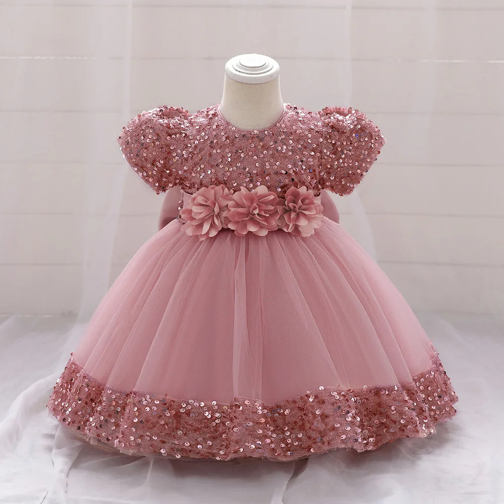 Toddler Baby Sequin Party Dresses Baptism Wedding 1 Year Birthday Bow Princess Dress For Baby Girls Lace Bridemaid Gown Vestidos