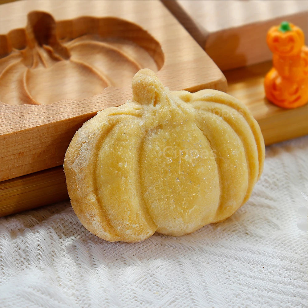 Wooden Cookie Mold Press for Baking, 3D Carved Beechwood Gingerbread Stamp, Halloween Pumpkin Ghost Embossing Cookie Cutter Mold
