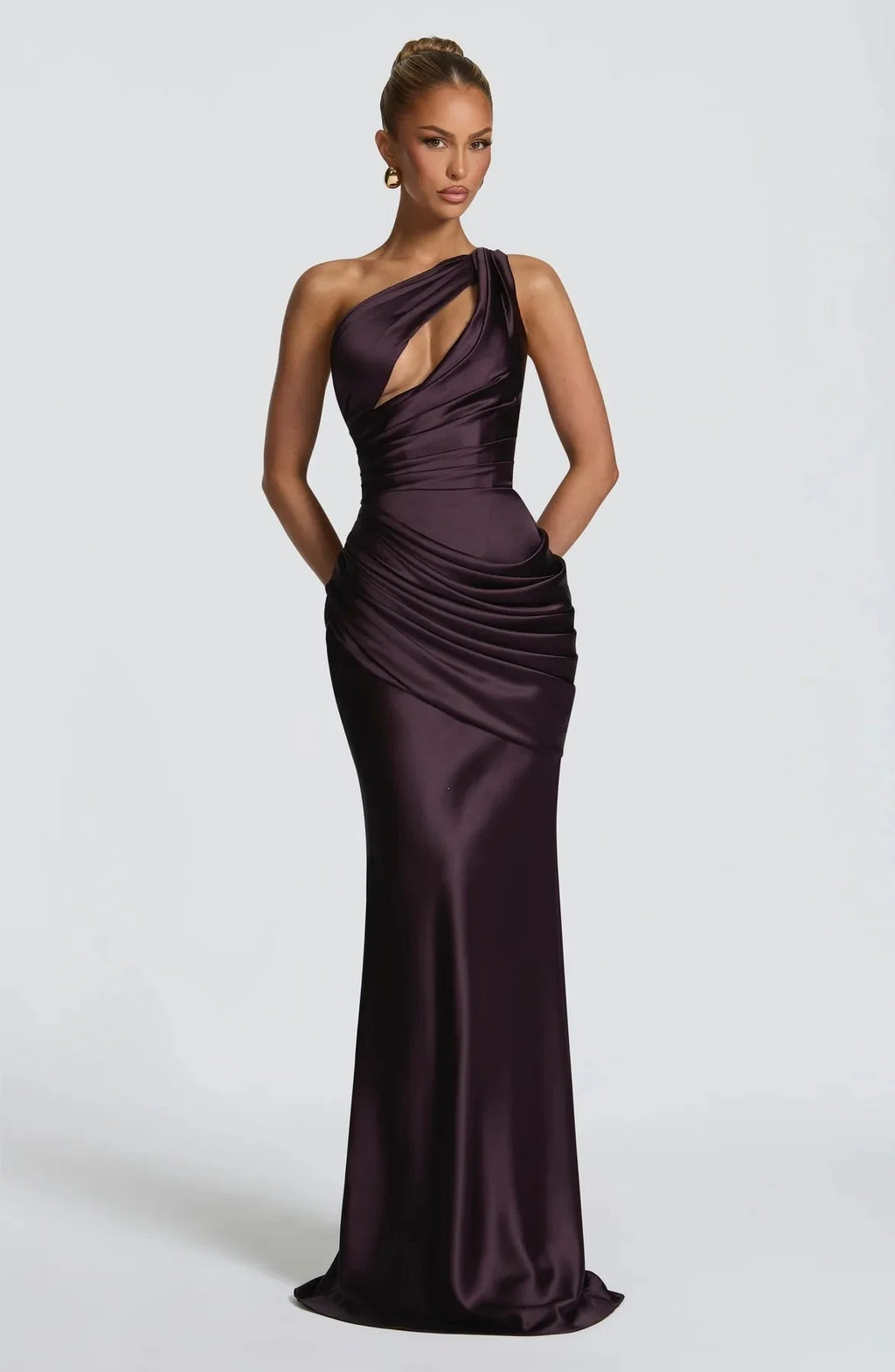 Women Satin One Shoulder Cutout Maxi Dress Elegant Green Ruched Mermaid Slim Fit Flowy Vestido 2026 Lady Summer Evening Dresses