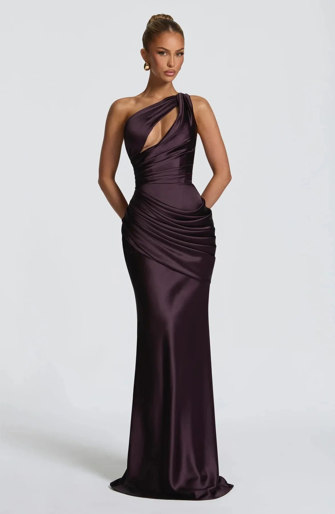 Women Satin One Shoulder Cutout Maxi Dress Elegant Green Ruched Mermaid Slim Fit Flowy Vestido 2026 Lady Summer Evening Dresses