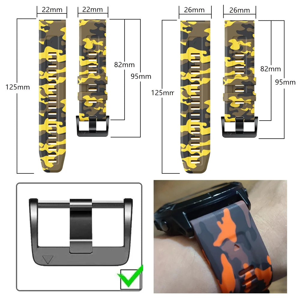 Sports Silicone Camouflage Strap For Garmin Fenix 7 7X Pro Solar Band Epix Pro (Gen 2) 47/51mm 6X Pro Bracelet 22/26mm Watchband
