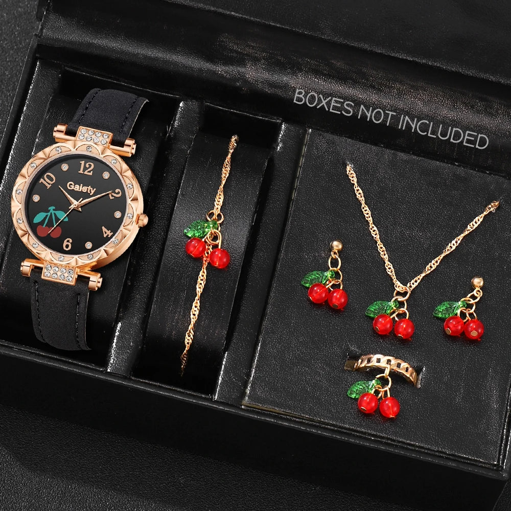 5/6 PCS/Set Red Women's Watch With Minimalist Elements Dial Quartz Watch Latex Strap Cherry Elements Jewelry Set Girl's Gift