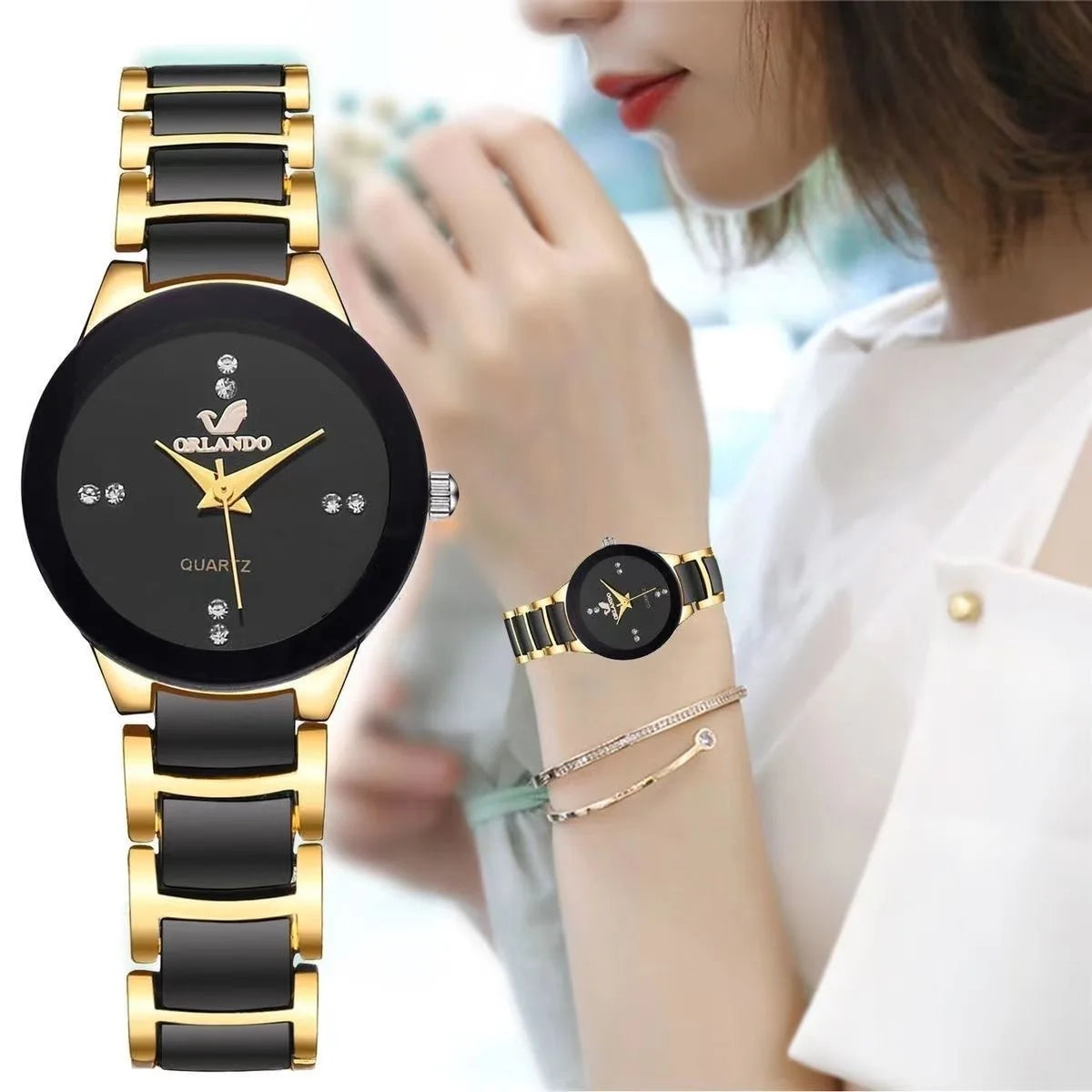 Women's Watch Fashion Black Steel Band Ladies Dress Quartz Watches Clock