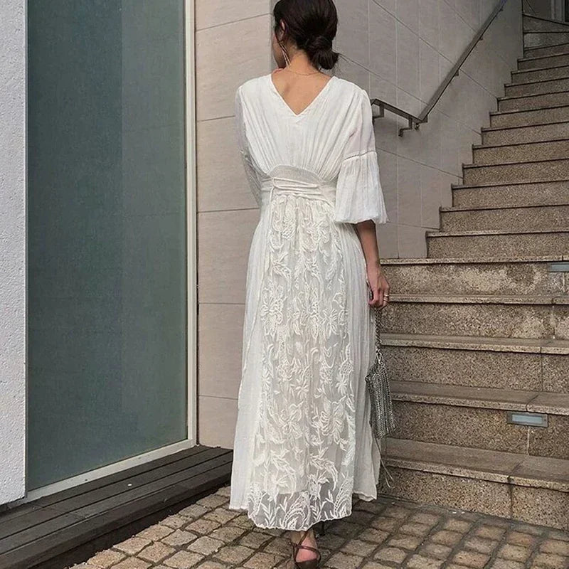 GypsyLady White Floral Embroidery Maxi Dress Vintage Boho Long Lantern Sleeve Dress Women V-neck Holiday Sexy Ladies Dresses
