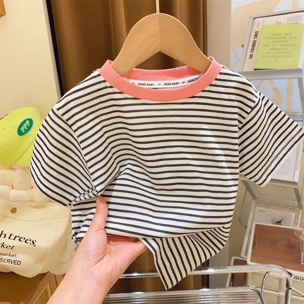 Children's Short-Sleeved Boys Girls 2024 Summer New Striped T-Shirt Baby Thin Section Half-Sleeved Bottoming Shirt Casual Wear