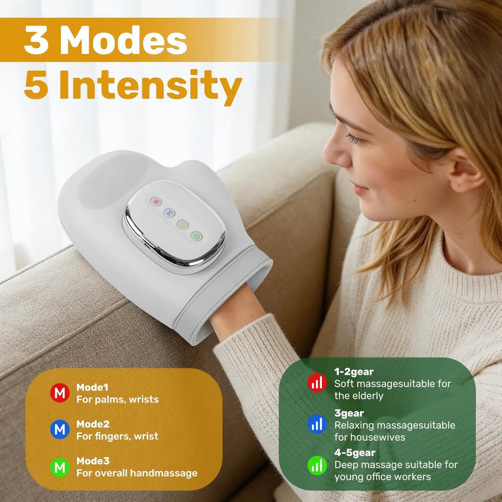 Hand Massager with 3 Mode 5 Air Compression Wrist Palm Fingers Muscle Relaxation Knead Vibration Massage Machine Gift for Friend