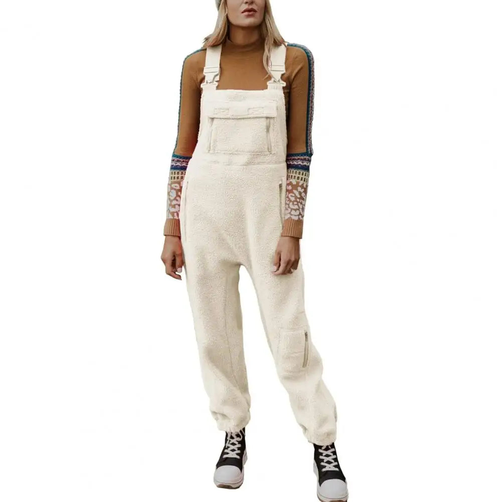 Fall Winter Women Jumpsuit Solid Color Plush Loose Overalls For Women One-piece Sleeveless Ankle-banded Cargo Outfit With Pocket