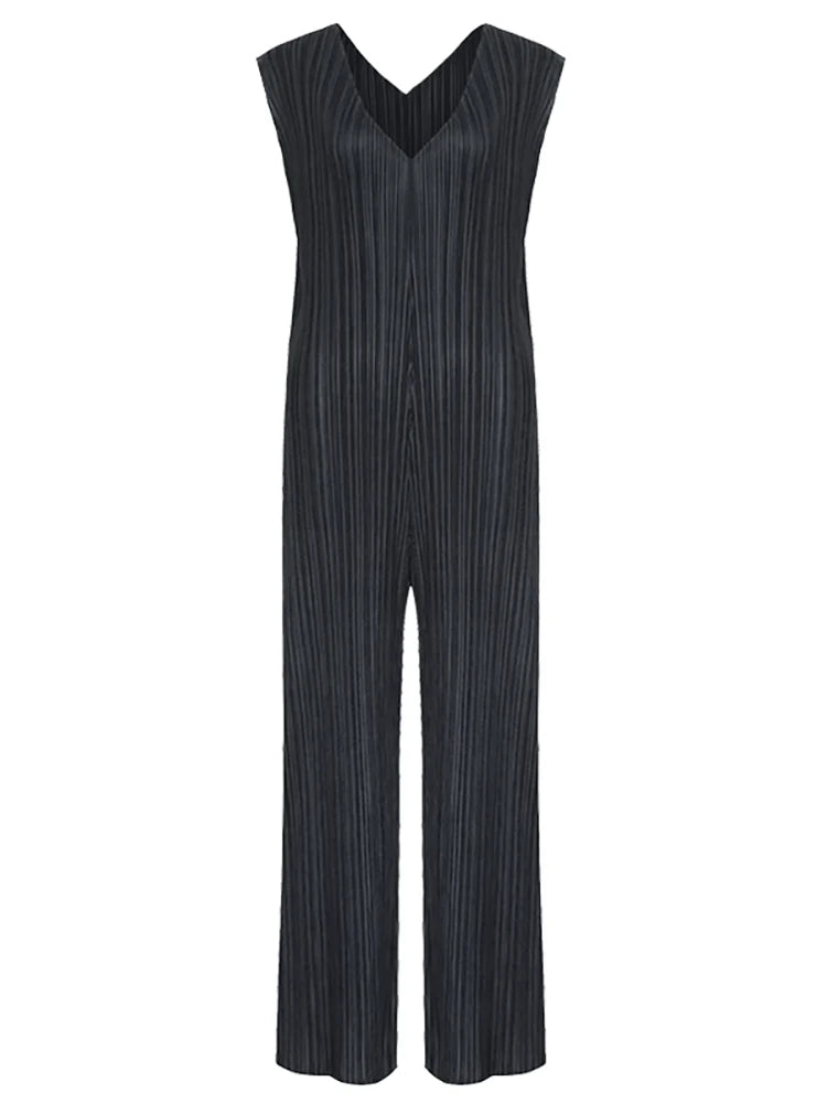 New Arrivals Summer Miyake Pleats Large Size Casual Loose V-neck Sleeveless Black Women Jumpsuit Bell Bottom Loose Dress