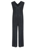 New Arrivals Summer Miyake Pleats Large Size Casual Loose V-neck Sleeveless Black Women Jumpsuit Bell Bottom Loose Dress