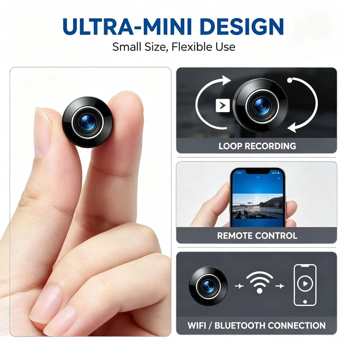E4 Mini WiFi Security Camera, 4K Ultra HD tiny surveillance cam with infrared night vision, motion detection alert, loop recording. Compact portable design for home, office, car indoor monitoring. Real‑time phone remote vie