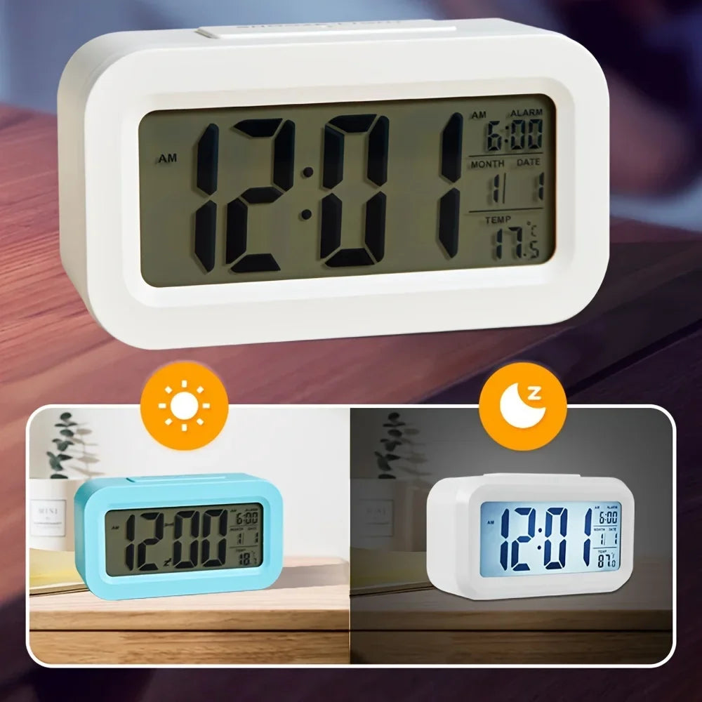 Smart Digital Alarm Clock with Intelligent Light Sensor Large LCD Screen Display Date Temperature Snooze Mode Silent Desktop Electronic Clock for Bedroom Bedside Kids Gift