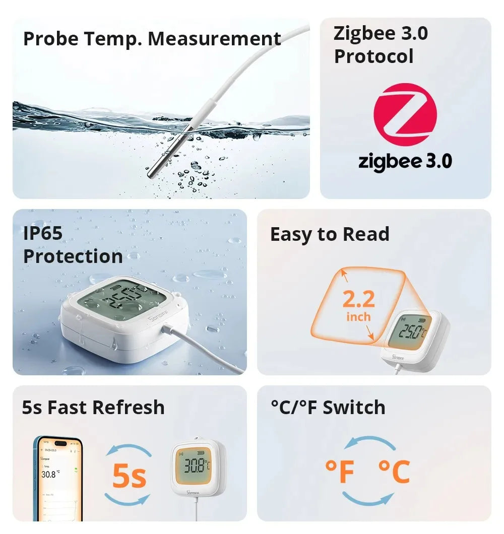 SONOFF SNZB-02LD SNZB 02LD SONOFF Zigbee Thermometer with Probe IP65 for Fridge Pool Fish Tank Need Hub with Bridge Alexa Alice