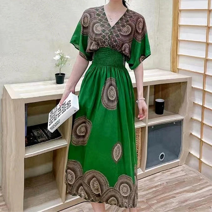 2025 Summer New Casual Elegant Retro Bohemian Style V-neck Elastic Waist Large Swing Printed Long Skirt Autumn Summer Dress