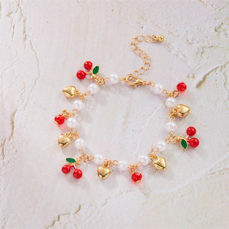 Sweet Cute Red Strawberry Cherry Heart Pearl Charm Bracelet New Fashion Y2K Fruit Gold Color Chain Jewelry Party Gifts 2025