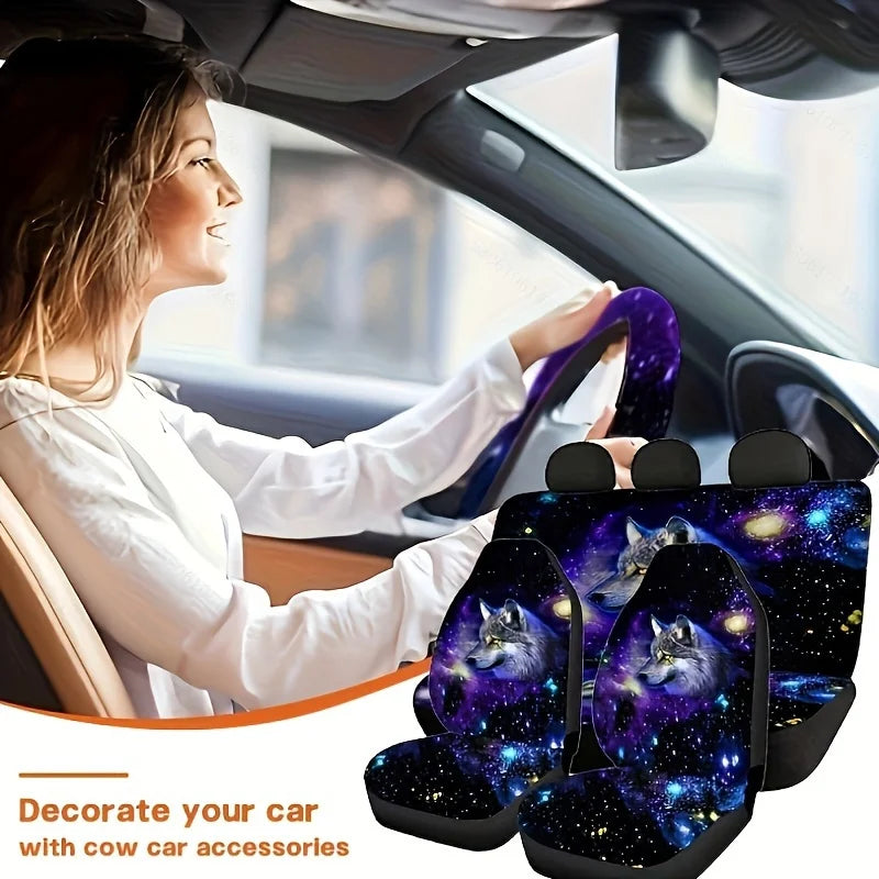 Complete Set of Galaxy Wolf Head Design for Car Interiors, Including Seat Covers, Floor Mats, Steering Wheel Cover, And Armrest