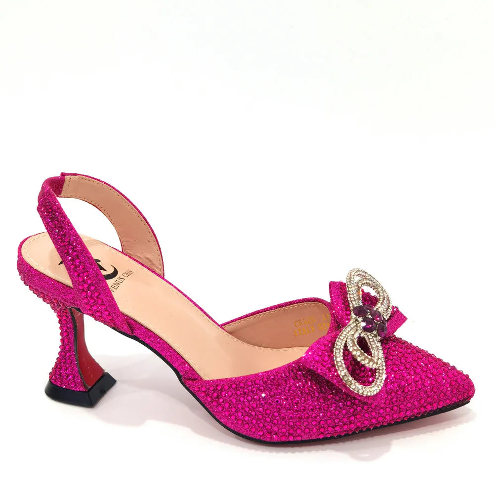 2022 Latest Italian Design African Women's High Heel Pointed Toe Sandals Party Wedding Party Fuchsia Color Shoes and Bags Set