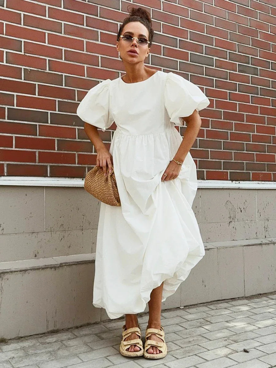 Bornladies Summer Cotton Women's Oversized Bubble Sleeve Dresses Fashionable Ladies O-Neck Chic Short Sleeve Loose Long Dress