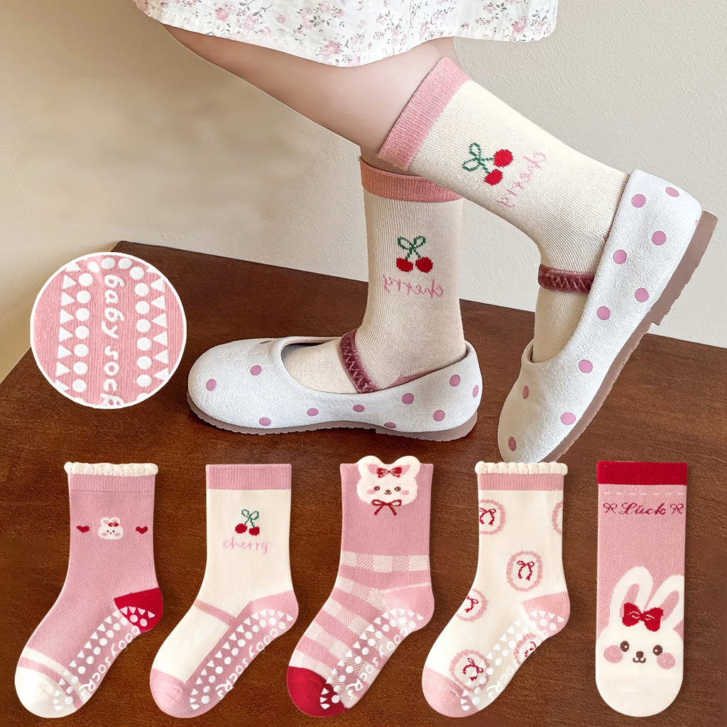 5-Pack Children's Floor Socks with Pink Bow and Bunny Pattern, Non-Slip Soft Sole Indoor Socks for Girls, Babies, and Toddlers, Featuring Cherry Fruit and Letter Designs, Suitable for Casual Daily Life
